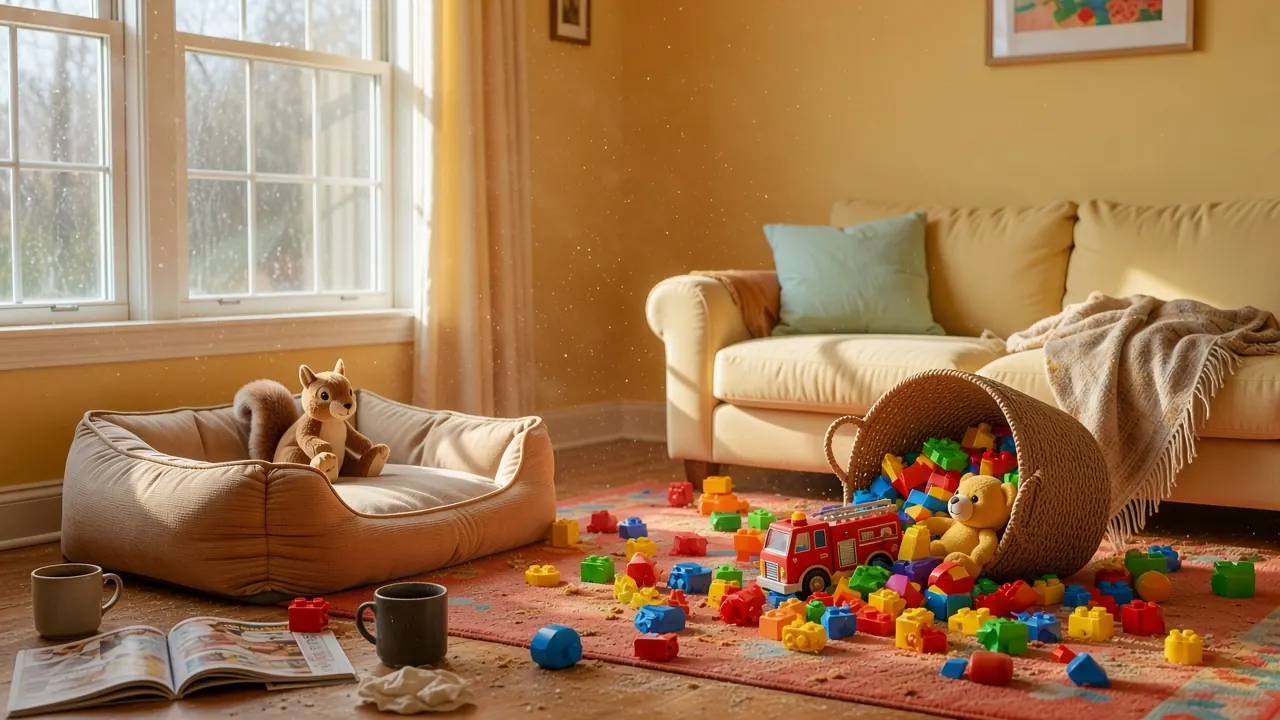 A living room before cleaning, with toys and clutter scattered around
